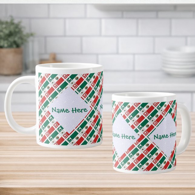 Personalized Mexico Flag Tiled Giant Coffee Mug (Personalized jumbo mug tiled Mexican Flag and MEXICO below. 3 squiggly squares fractals for name.)