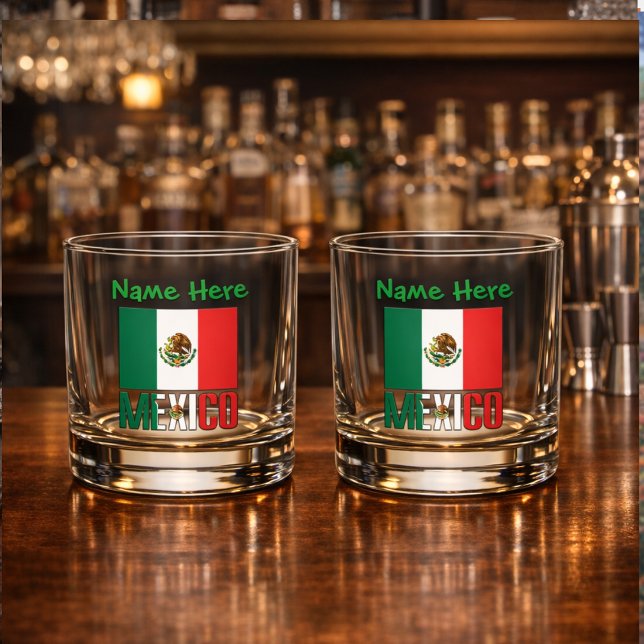 Personalized Mexico Flag  Whiskey Glass (Personalized whiskey glasses have Mexican Flag and MEXICO in flag colors. Add name above.)