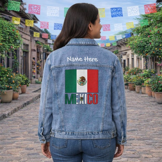 Personalized Mexico Flag Women's  Denim Jacket (Women’s denim jacket with Mexico flag, white name text above and MEXICO lettering below on back.)