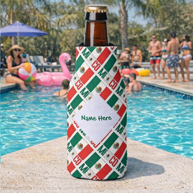Personalized Mexico Tiled Bottle Cooler (Personalized bottle cozie with tiled Mexican Flag and MEXICO. Add a name inside the white fractal.)