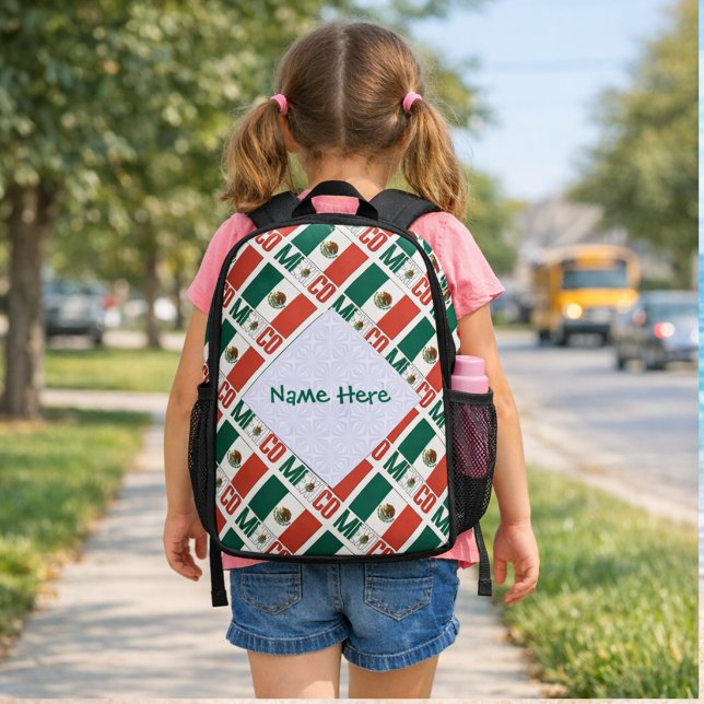 Personalized Mexico Tiled Flag Printed Backpack (Personalized backpack has tiled Mexican Flag and MEXICO. Ad name inside white fractal.)