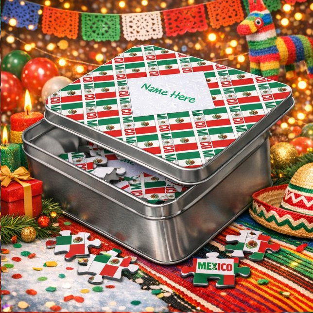 Personalized Mexico Tiled Metal Box Jigsaw Puzzle (Personalized jigsaw puzzle in metal box has Mexican Flag and MEXICO in colors of flag. Add name.)