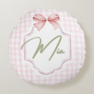Personalized Mia Baby Girl Nursery Bow & Gingham Round Pillow