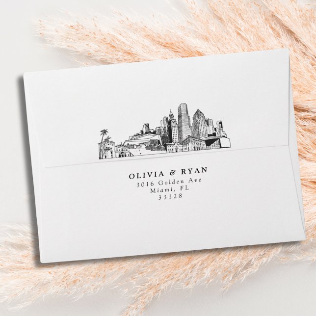 Personalized Miami Skyline Sketch Envelope (Miami wedding invitation envelope)