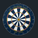 Personalized Mid-Century | Blue Yellow Red White Dart Board<br><div class="desc">Dartboard with a mid-century color scheme (dark blue,  red,  and mustard yellow) with your personalized text on the top and bottom of the board for your family's name and family established year (or other text). Add this to your mid-century modern home decor!</div>