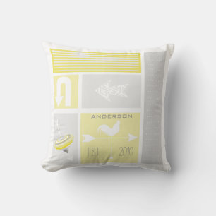 Personalized Mid-Century Grey Yellow Aqua Farm Throw Pillow