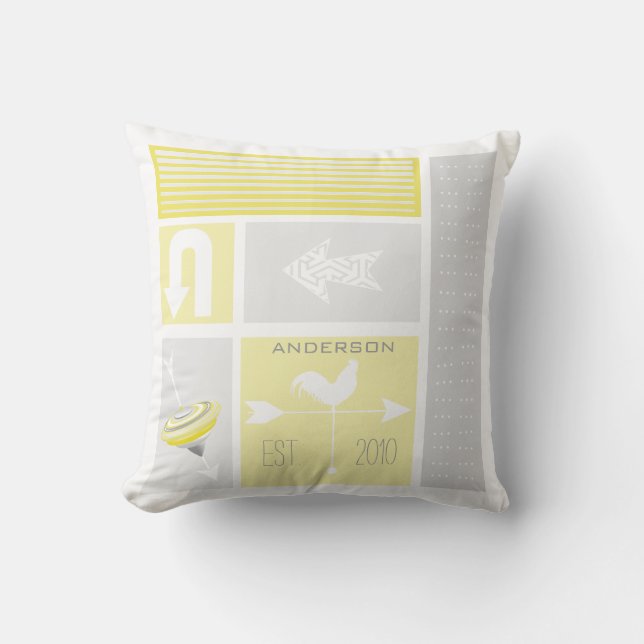 Personalized Mid-Century Grey Yellow Aqua Farm Throw Pillow (Front)