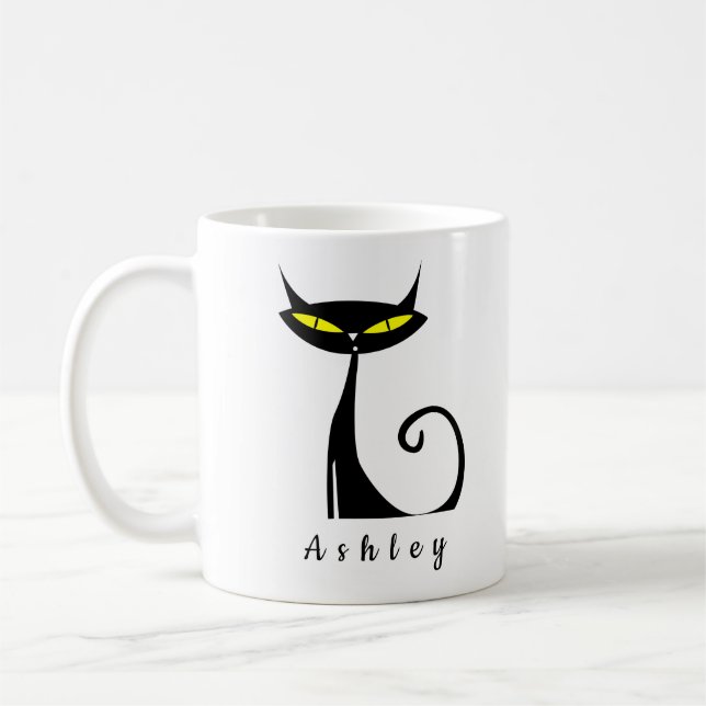 Personalized Mid Century Modern Atomic Black Cat Coffee Mug (Left)
