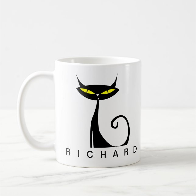 Personalized Mid Century Modern Atomic Black Cat Coffee Mug (Left)