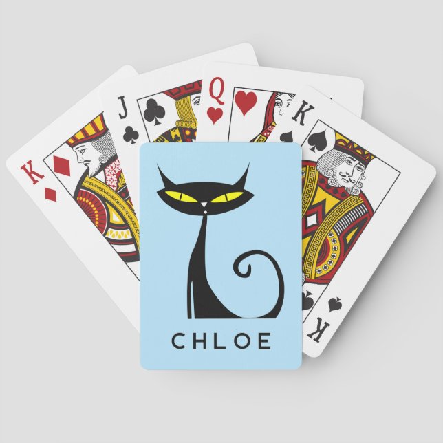 Personalized Mid Century Modern Atomic Black Cat Poker Cards (Back)
