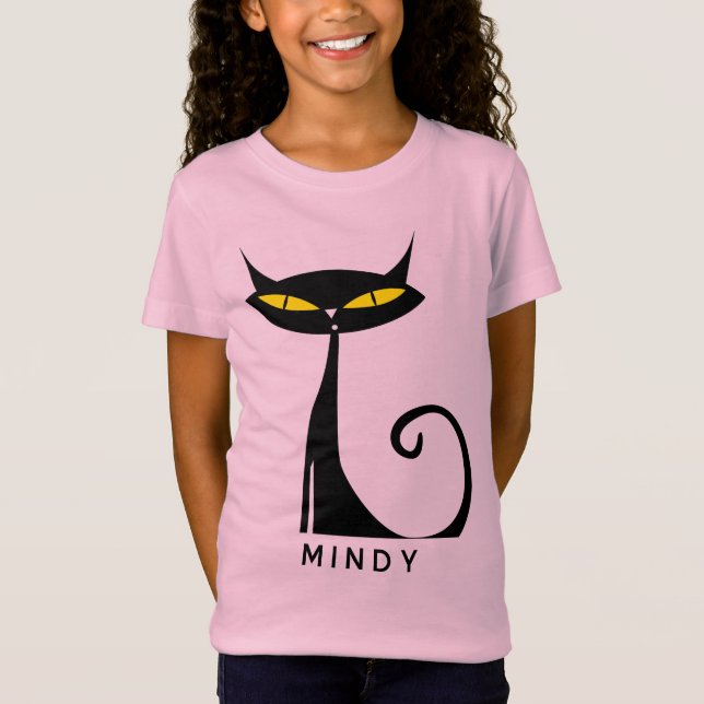 Personalized Mid Century Modern Atomic Black Cat T-Shirt (Front)