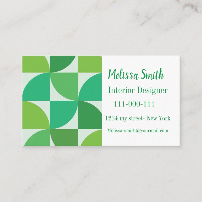 Personalized mid century modern geometric green  business card (Front)