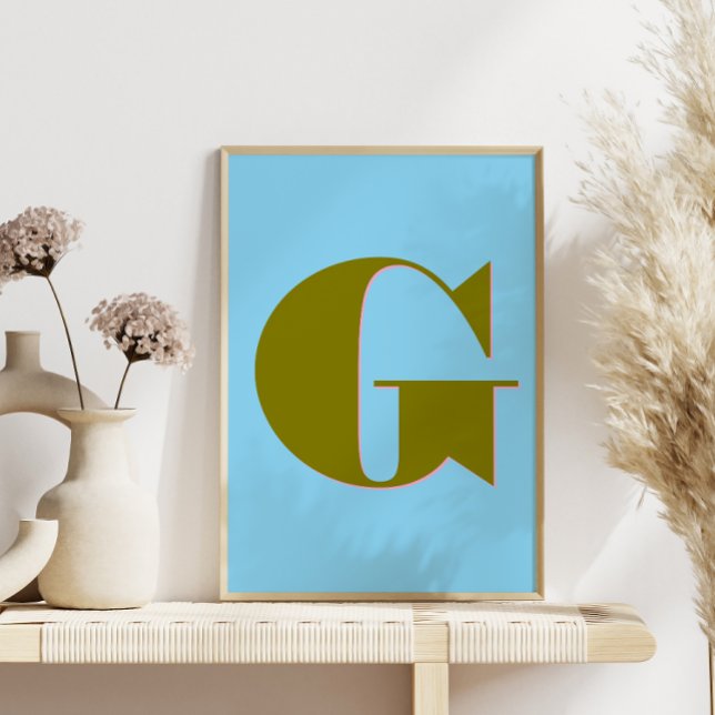Personalized Mid Century Retro Letter Initial Blue Poster (Creator Uploaded)