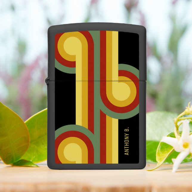 Personalized Midcentury Green Red Black Geometric Zippo Lighter (On Table)