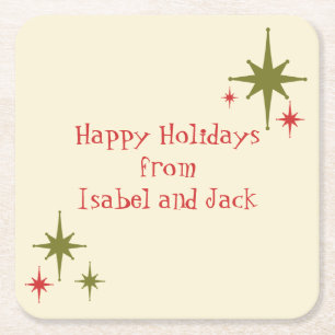 Personalized Midcentury Retro Minimalist Christmas Square Paper Coaster