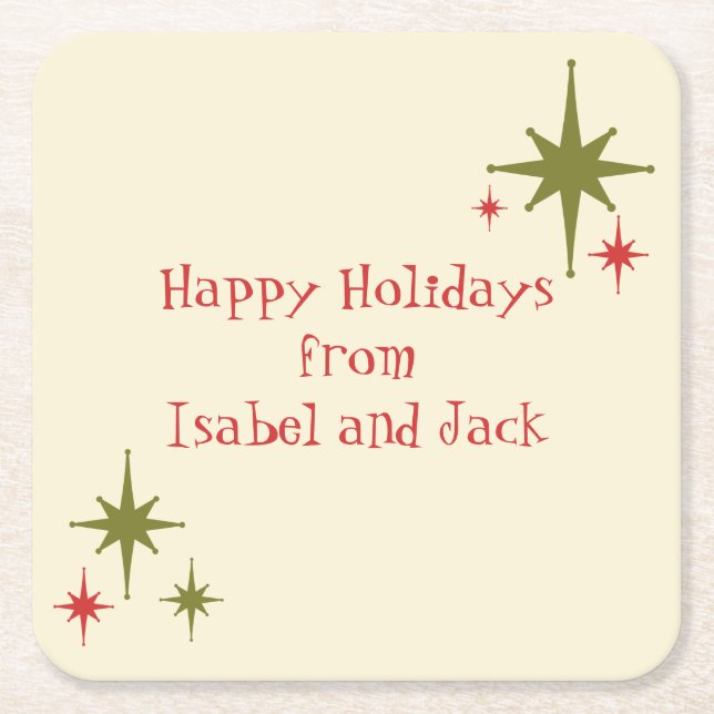 Personalized Midcentury Retro Minimalist Christmas Square Paper Coaster (Front)