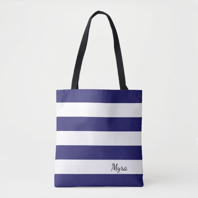 Personalized Midnight Blue and White Striped Tote (Front)