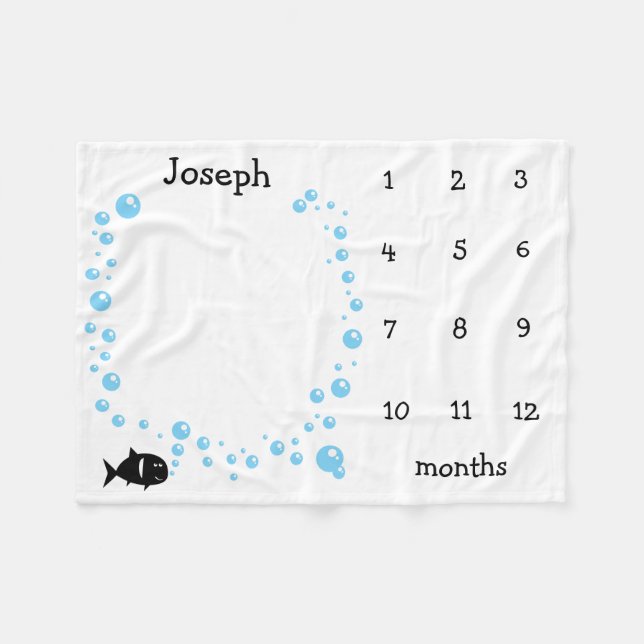 Personalized Milestone Baby months fish bubbles Fleece Blanket (Front (Horizontal))