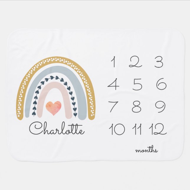 Personalized Milestones Watercolor Rainbow Nursery Baby Blanket (Horizontal)