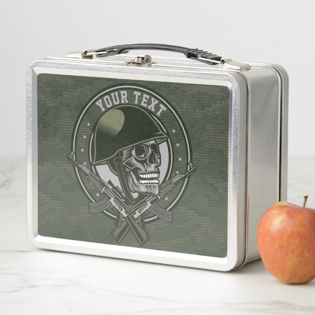 Personalized Military Camo Soldier Skull and Guns Metal Lunch Box (In Situ)