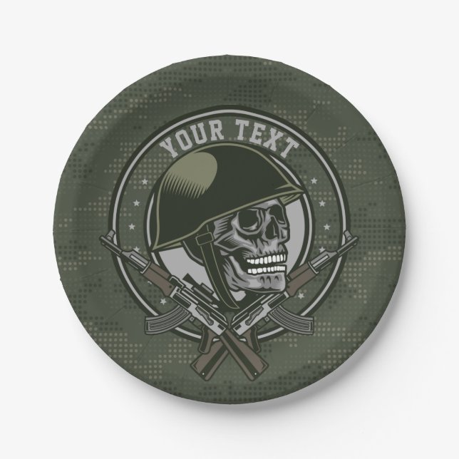 Personalized Military Camo Soldier Skull and Guns  Paper Plates (Front)