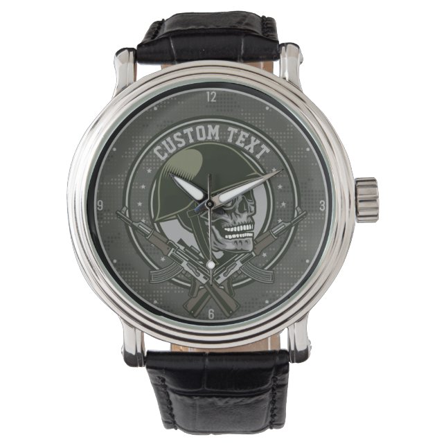 Personalized Military Camo Soldier Skull and Guns Watch (Front)