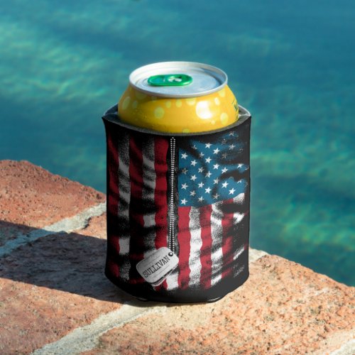 Personalized Military Soldier Dog Tag USA Flag  Can Cooler
