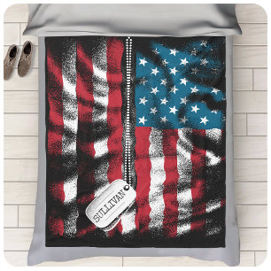 Personalized Military Soldier Dog Tag USA Flag Fleece Blanket