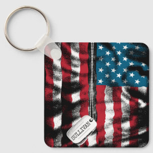 Personalized Military Soldier Dog Tag USA Flag Keychain