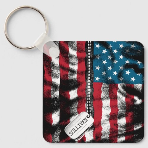 Personalized Military Soldier Dog Tag USA Flag Keychain