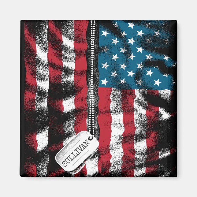 Personalized Military Soldier Dog Tag USA Flag Magnet (Front)