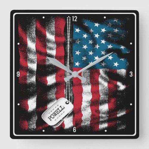 Personalized Military Soldier Dog Tag USA Flag Square Wall Clock