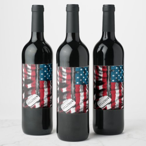 Personalized Military Soldier Dog Tag USA Flag  Wine Label