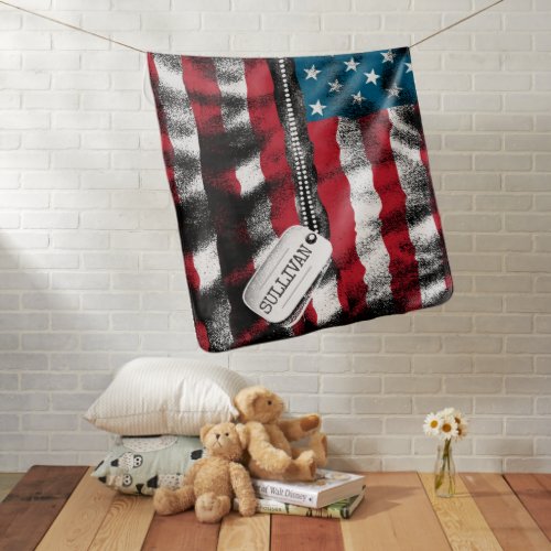 Personalized Military Soldier Dog Tags USA Flag Baby Blanket