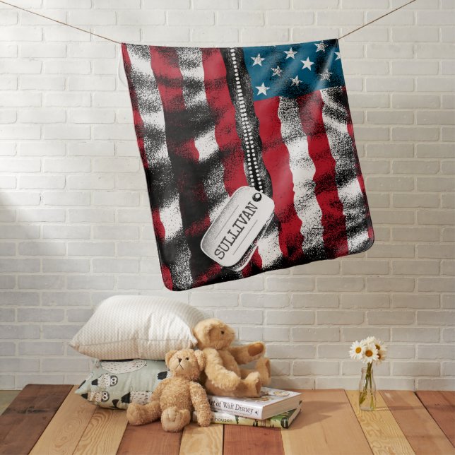 Personalized Military Soldier Dog Tags USA Flag Baby Blanket (In Situ)