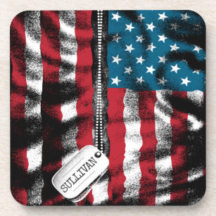 Personalized Military Soldier Dog Tags USA Flag Beverage Coaster