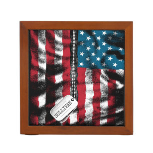 Personalized Military Soldier Dog Tags USA Flag Desk Organizer