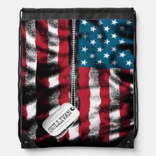Personalized Military Soldier Dog Tags USA Flag Drawstring Bag