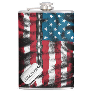 Personalized Military Soldier Dog Tags USA Flag Flask