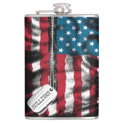 Personalized Military Soldier Dog Tags USA Flag Flask