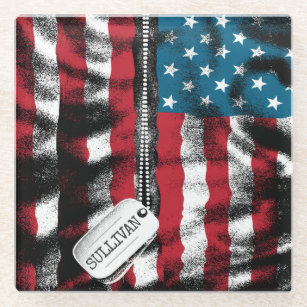 Personalized Military Soldier Dog Tags USA Flag  Glass Coaster