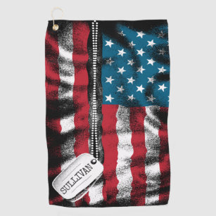 Personalized Military Soldier Dog Tags USA Flag  Golf Towel