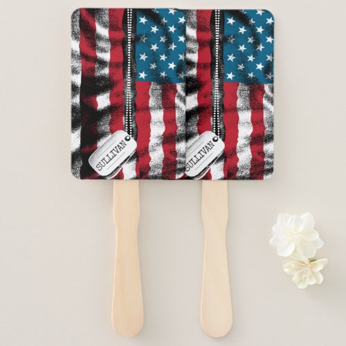 Personalized Military Soldier Dog Tags USA Flag Hand Fan