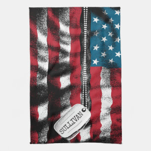 Personalized Military Soldier Dog Tags USA Flag  Kitchen Towel