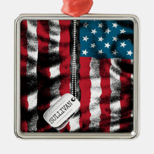 Personalized Military Soldier Dog Tags USA Flag  Metal Ornament