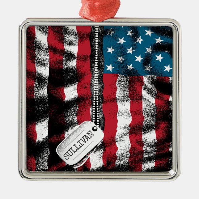 Personalized Military Soldier Dog Tags USA Flag  Metal Ornament (Front)