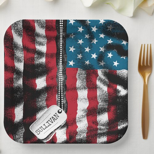 Personalized Military Soldier Dog Tags USA Flag Paper Plates