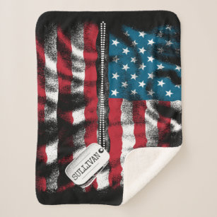 Personalized Military Soldier Dog Tags USA Flag Sherpa Blanket