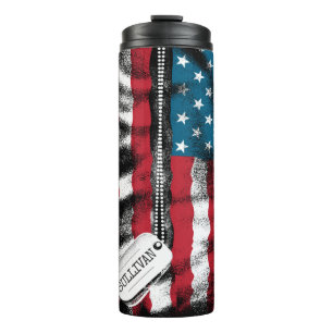 Personalized Military Soldier Dog Tags USA Flag Thermal Tumbler