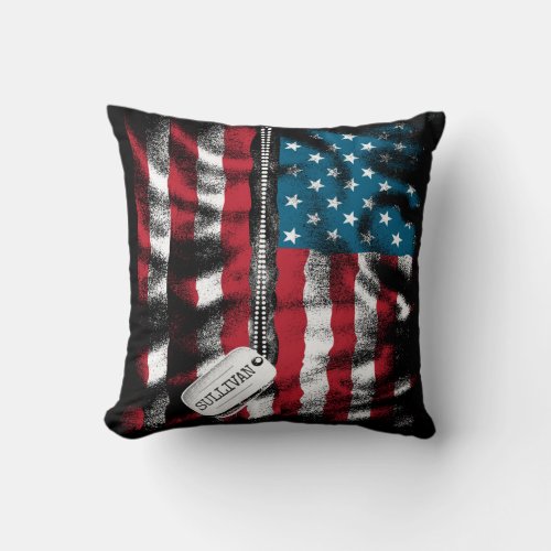 Personalized Military Soldier Dog Tags USA Flag Throw Pillow